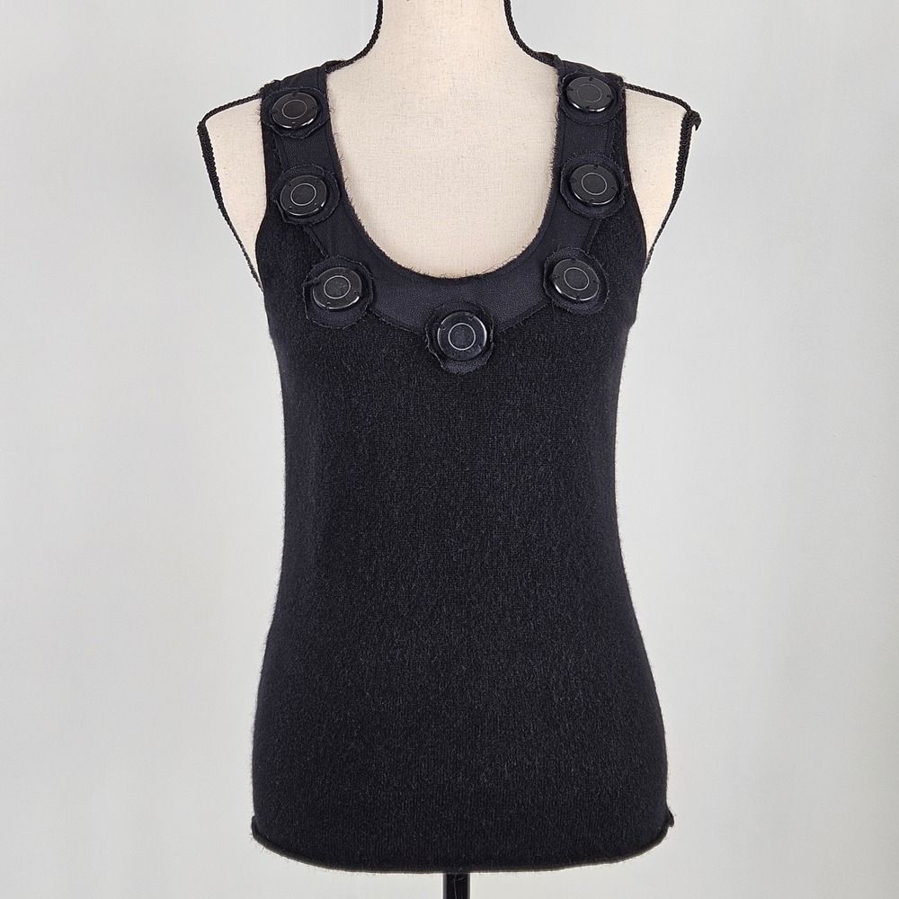Tory Burch Cashmere Tank Top Womens M Black Silk Trim Button Neck FLAW
